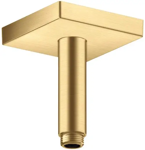 Deckenanschluss in quadratischer Form, aus gebürstetem Gold, mit einem vertikalen Anschluss. Hergestellt von AXOR für die Installation von Duschsystemen.